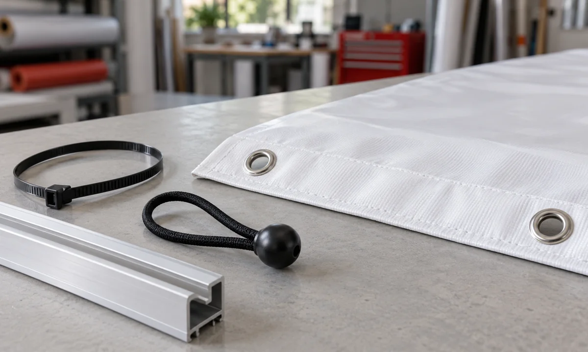 Bannerkante mit Ösen neben Kabelbinder, Spanngummi und Aluminiumprofil