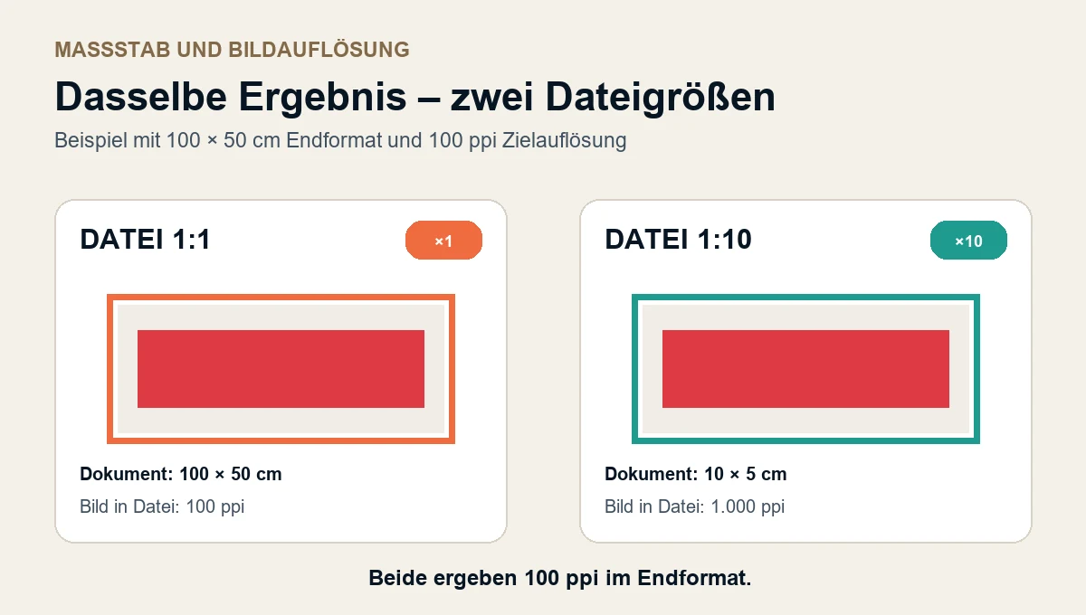 Vergleich desselben Banners im Maßstab 1 zu 1 und 1 zu 10 mit Umrechnung der effektiven Bildauflösung