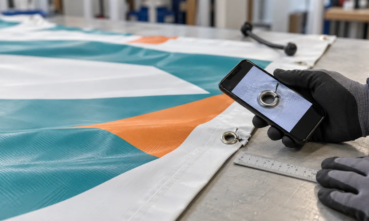 Dokumentation einer ausgerissenen Banneröse mit Smartphone und Maßstab