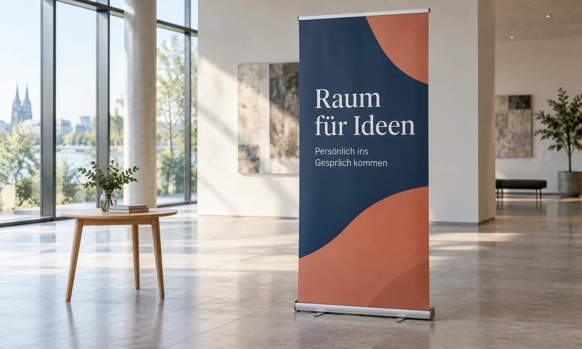 Roll-up mit großer heller Überschrift auf dunklem Hintergrund in einem hellen Veranstaltungsfoyer